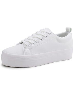 Women's White Comfortable Casual Walking Shoes Lace Up Platform Sneakers